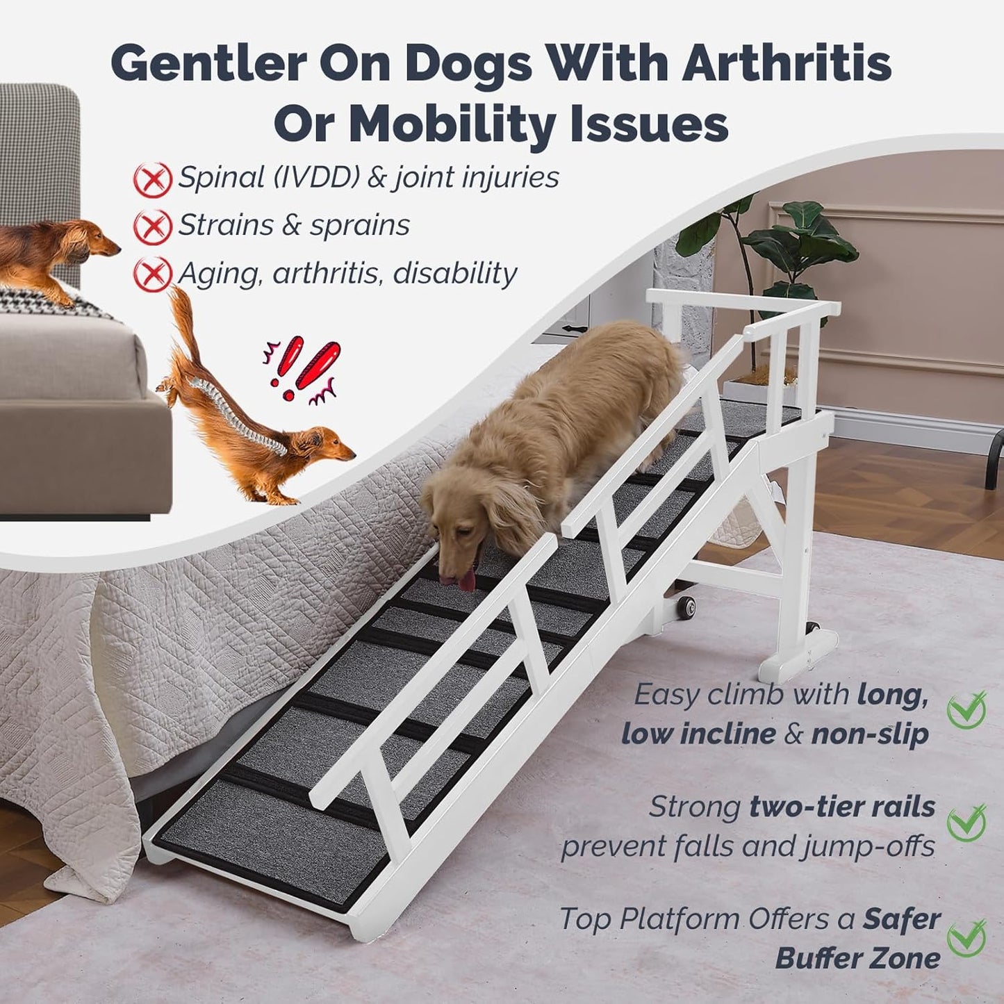 Dog Ramp for Bed or Couch, Wooden Pet Ramp with 20° Gentle Slope, Removable Side Rails, Non-Slip Surface, Top Platform & Wheels, Safe Bed Ramp for Small, Large & Senior Dogs, 60" Long, Mahogany