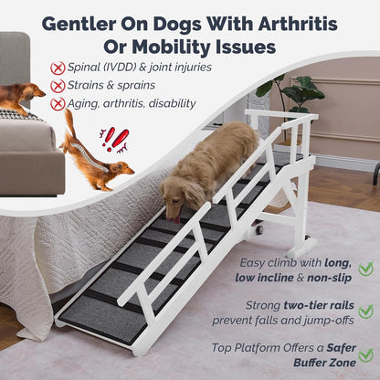 Dog Ramp for Bed or Couch, Wooden Pet Ramp with 20° Gentle Slope, Removable Side Rails, Non-Slip Surface, Top Platform & Wheels, Safe Bed Ramp for Small, Large & Senior Dogs, 60" Long, Mahogany