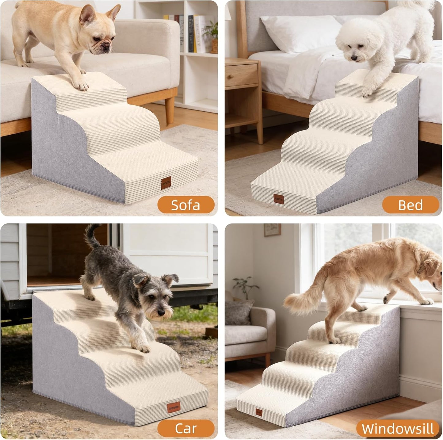 Dog Stairs for Small Dogs and Cats, 15.7" H, 3-Step Curved Pet Ramp for Couch Sofa and Chair, Non-Slip Medium Pet Steps with High Density Foam, Beige