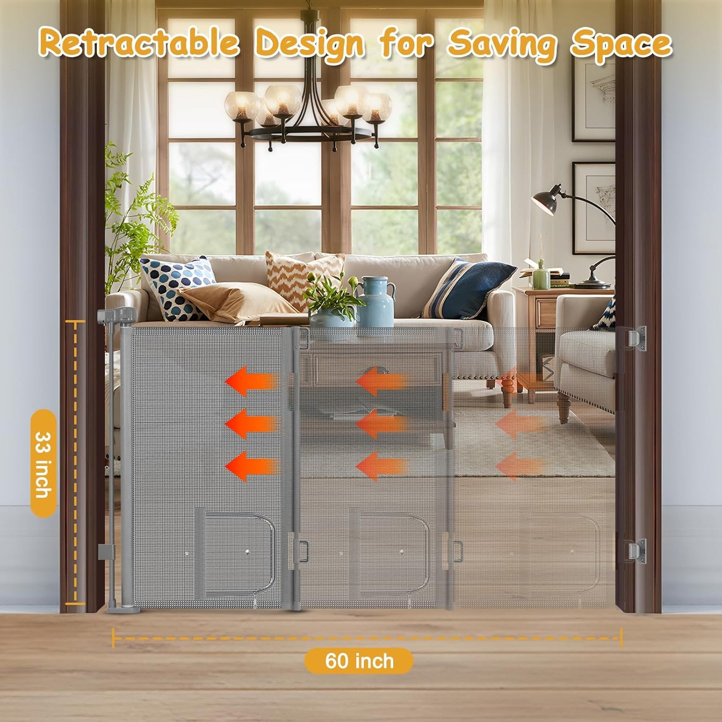 Reinforced 60” Wide Retractable Dog Gate with Cat Door Gates for Pets with Reinforced Strips 33” Tall Mesh Baby Gate Retractable Pet Gates for Dogs Indoor with Door Cats Can in and Out Freely, Gray