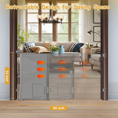 Reinforced 60” Wide Retractable Dog Gate with Cat Door Gates for Pets with Reinforced Strips 33” Tall Mesh Baby Gate Retractable Pet Gates for Dogs Indoor with Door Cats Can in and Out Freely, Gray