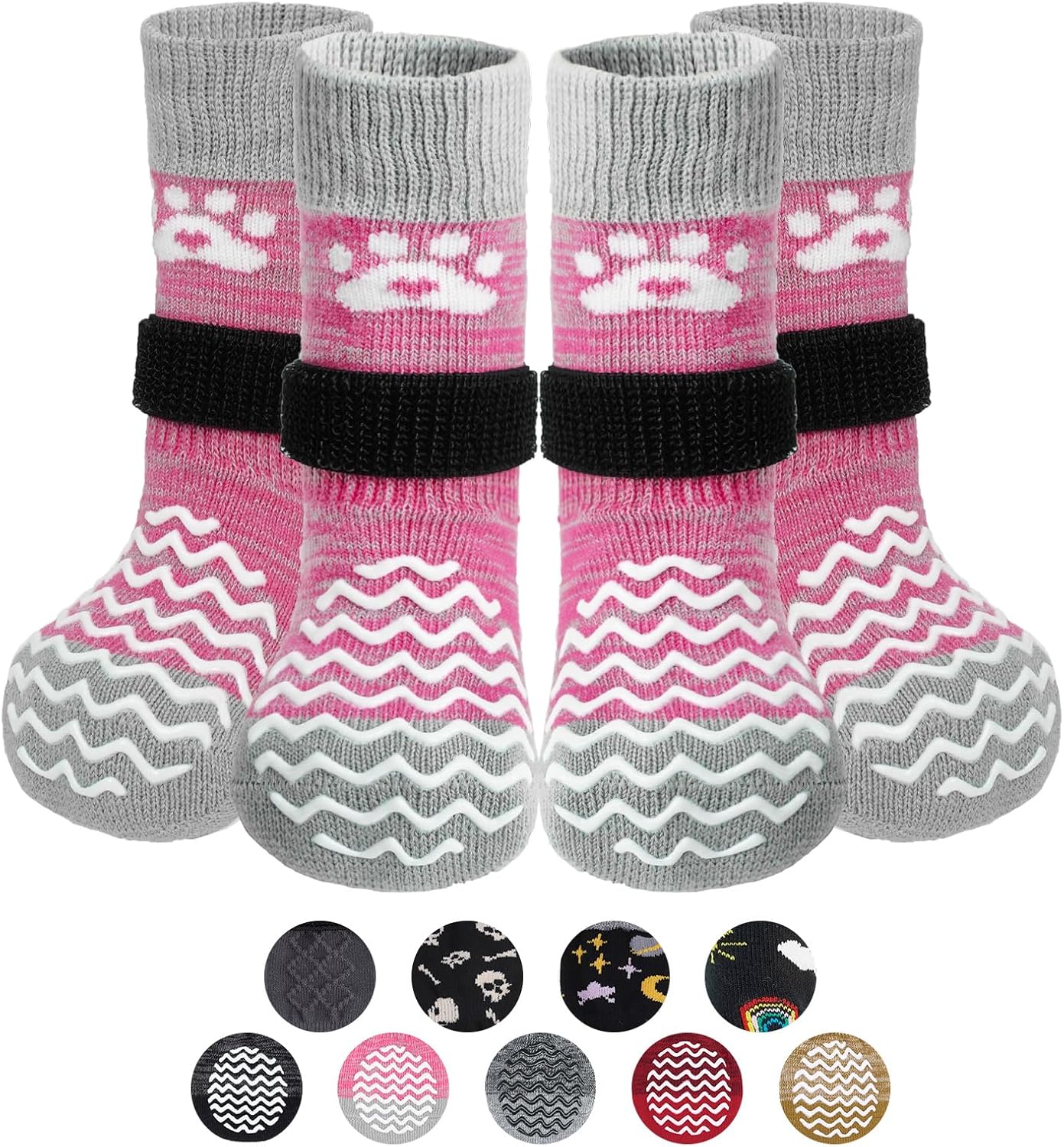 PUPTECK Anti Slip Dog Socks with Double Grippers for Hardwood Floors, Shoes for Hot/Cold Pavement, Boots & Paws Protectors to Prevent Licking, Traction Booties for Senior Small Large Dogs