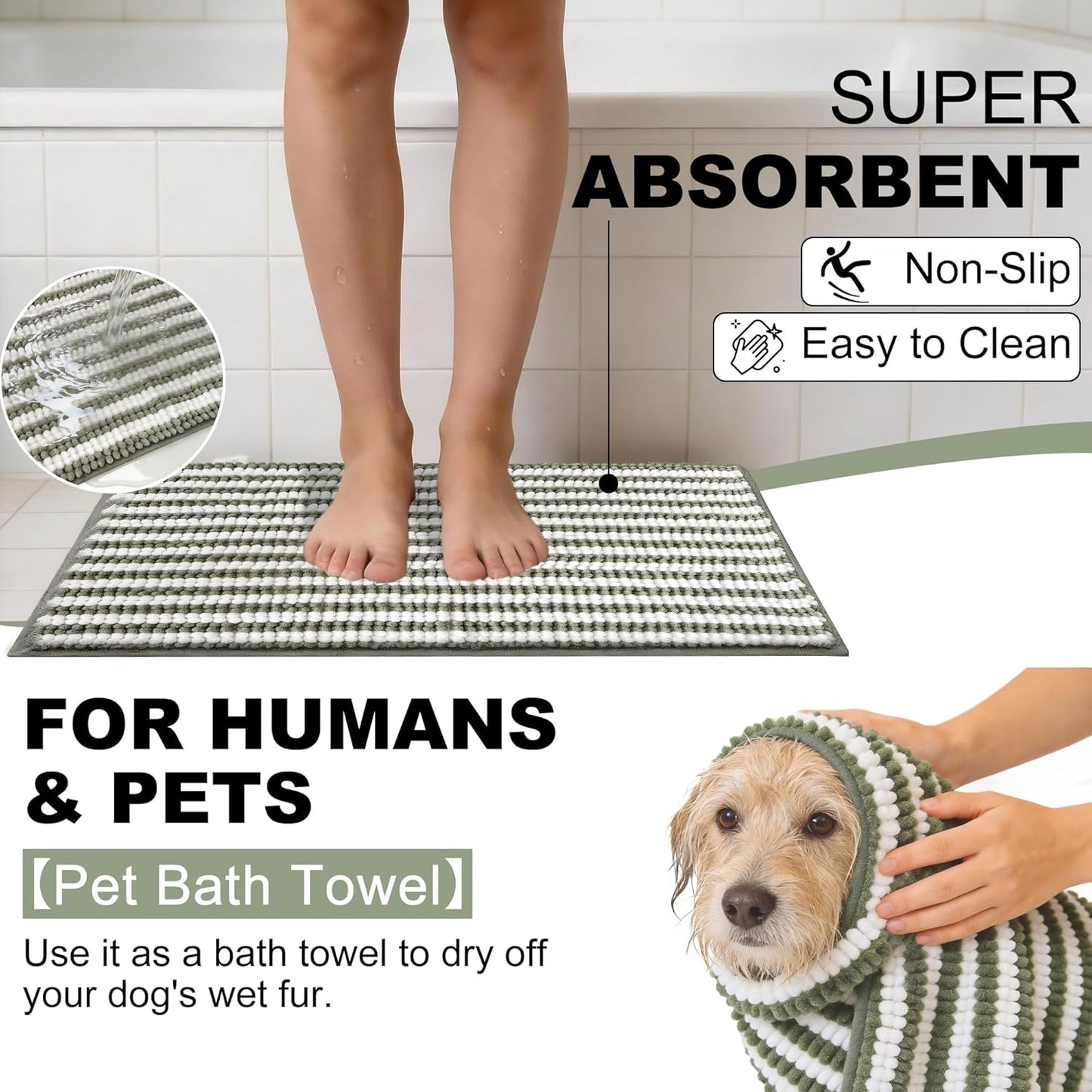 pobopobo Dog Door Mat for Muddy Paws - Absorbent & Washable Chenille Rug, Non-Slip Dirt Trapper for Indoor Outdoor Entryway, Quick Dry Pet Mat for Muddy Dogs (Striped Gray-Blue&White, 24" x 16")