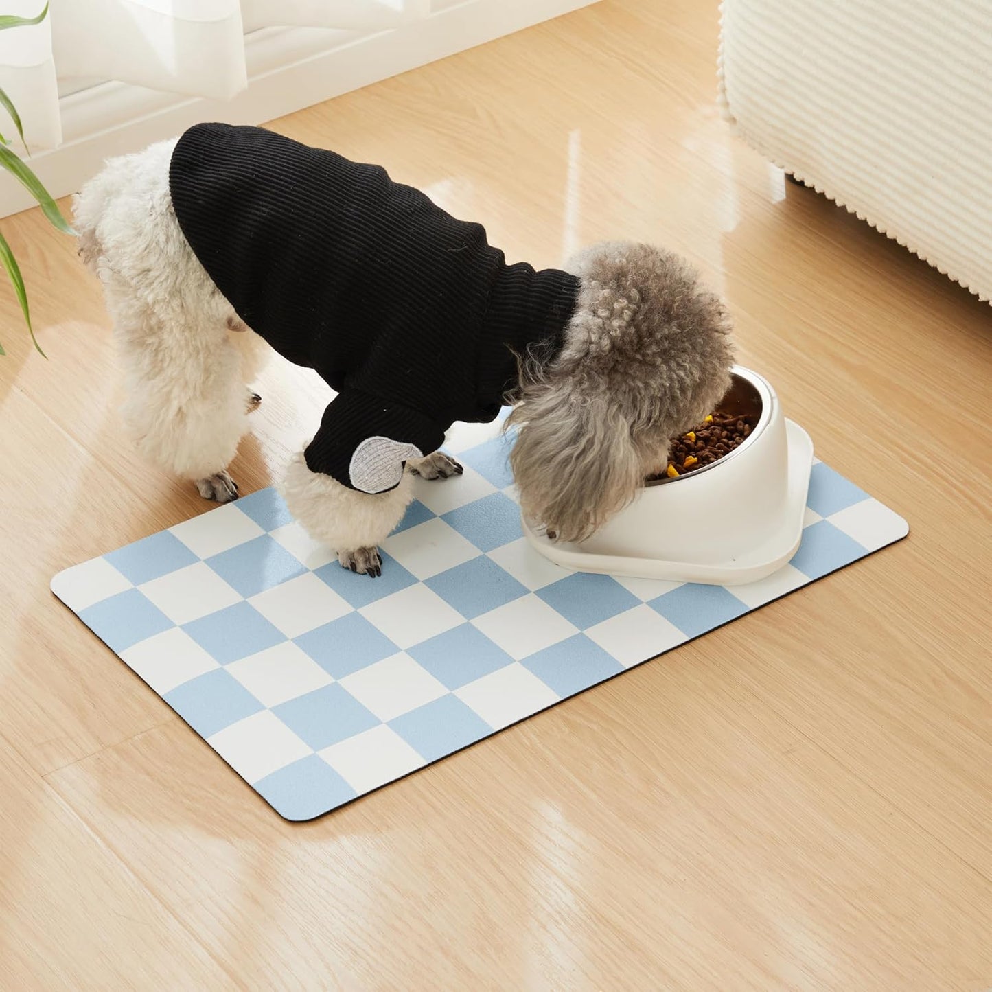 Checkered Dog Feeding Mat, Absorbent Mats for Dog Food and Water Bowl, Dispenser, Retro Aesthetic Khaki Beige Checkerboard Pet Placemat for Dogs, Cats, Puppy Accessories, 12" X 19”