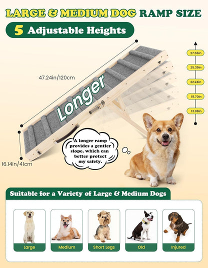 Dog Ramp Dog Stairs for Small Dogs Foldable Dog Ramp with 4 Adjustable Heights from 7.48'' to 15.35" Wood Stairs with Non Slip Carpet Portable Pet Ramp for Couch, Sofa, Low Bed (Natural Wood)