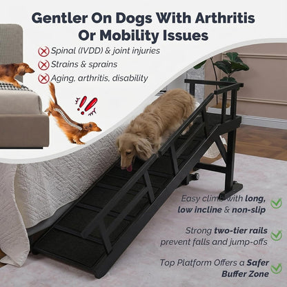 Dog Ramp for Bed or Couch, Wooden Pet Ramp with 20° Gentle Slope, Removable Side Rails, Non-Slip Surface, Top Platform & Wheels, Safe Bed Ramp for Small, Large & Senior Dogs, 60" Long, Mahogany
