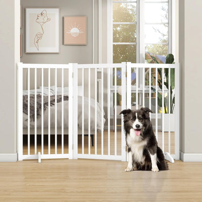 36" H Freestanding Dog Gate, Solid Wood Foldable Pet Gate with Support Feet, Wooden Tall Dog Gate for Doorway, Stairs & Indoor Use, 60" Wide Expandable Pet Fence, 3 Panels, Walnut
