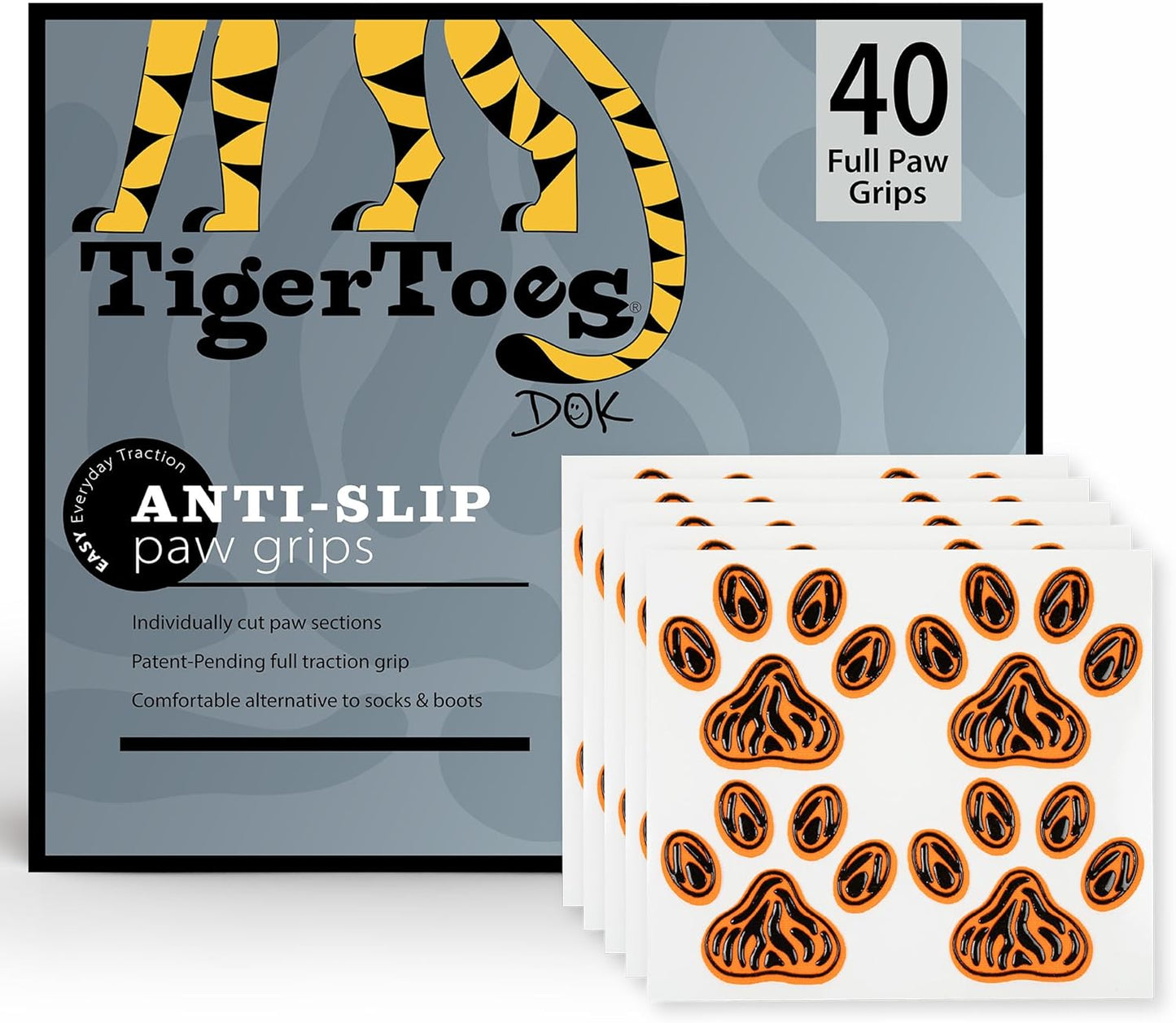 DOK TigerToes Premium Paw Grips for Senior Dogs, 40ct of Pre-Cut Anti Slip Dog Paw Pads for Hardwood Floors, Provides Traction for Slipping (40 Total Grips, Size Large)