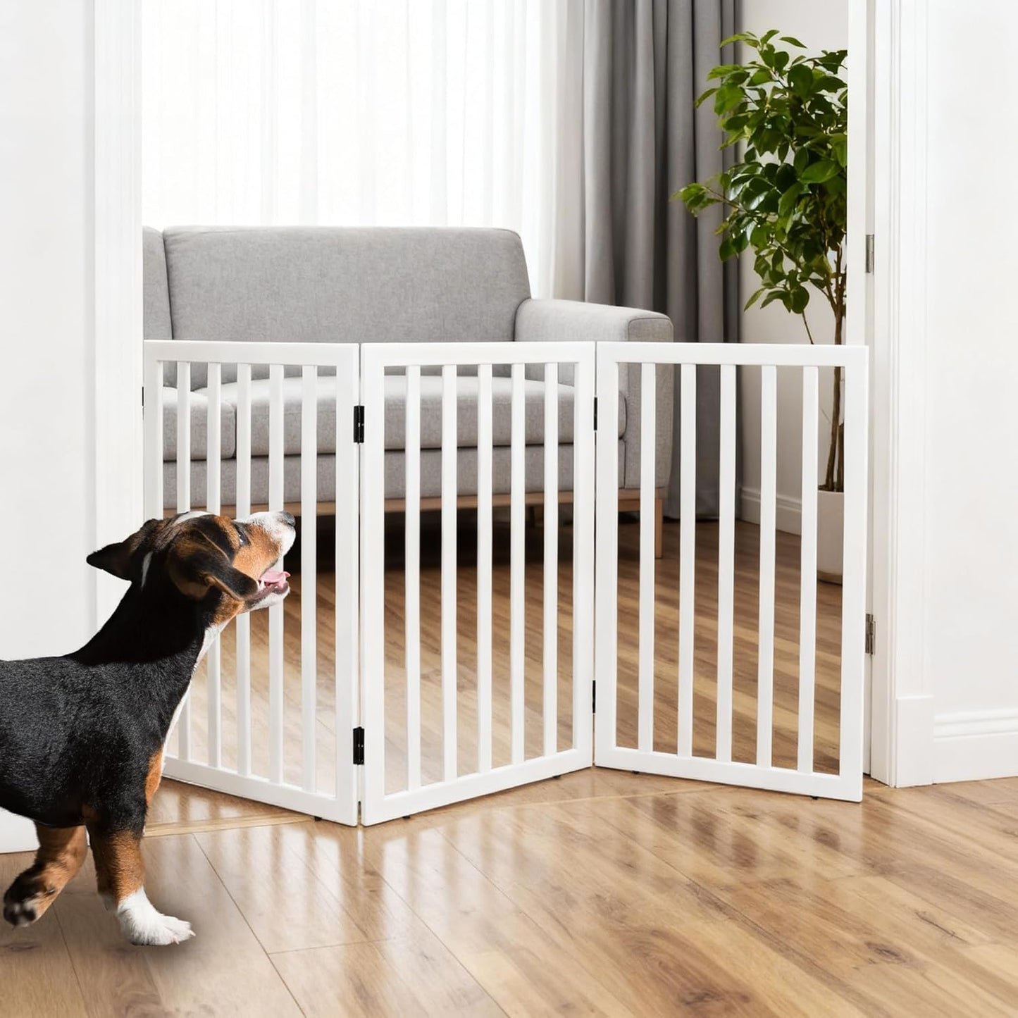 ZJSF Freestanding Indoor Dog Gate for House Foldable Wood Brown Puppy Gate for Doorways Pet Gate for Stairs Extra Wide Pet Fence 24" Height 2 Panels