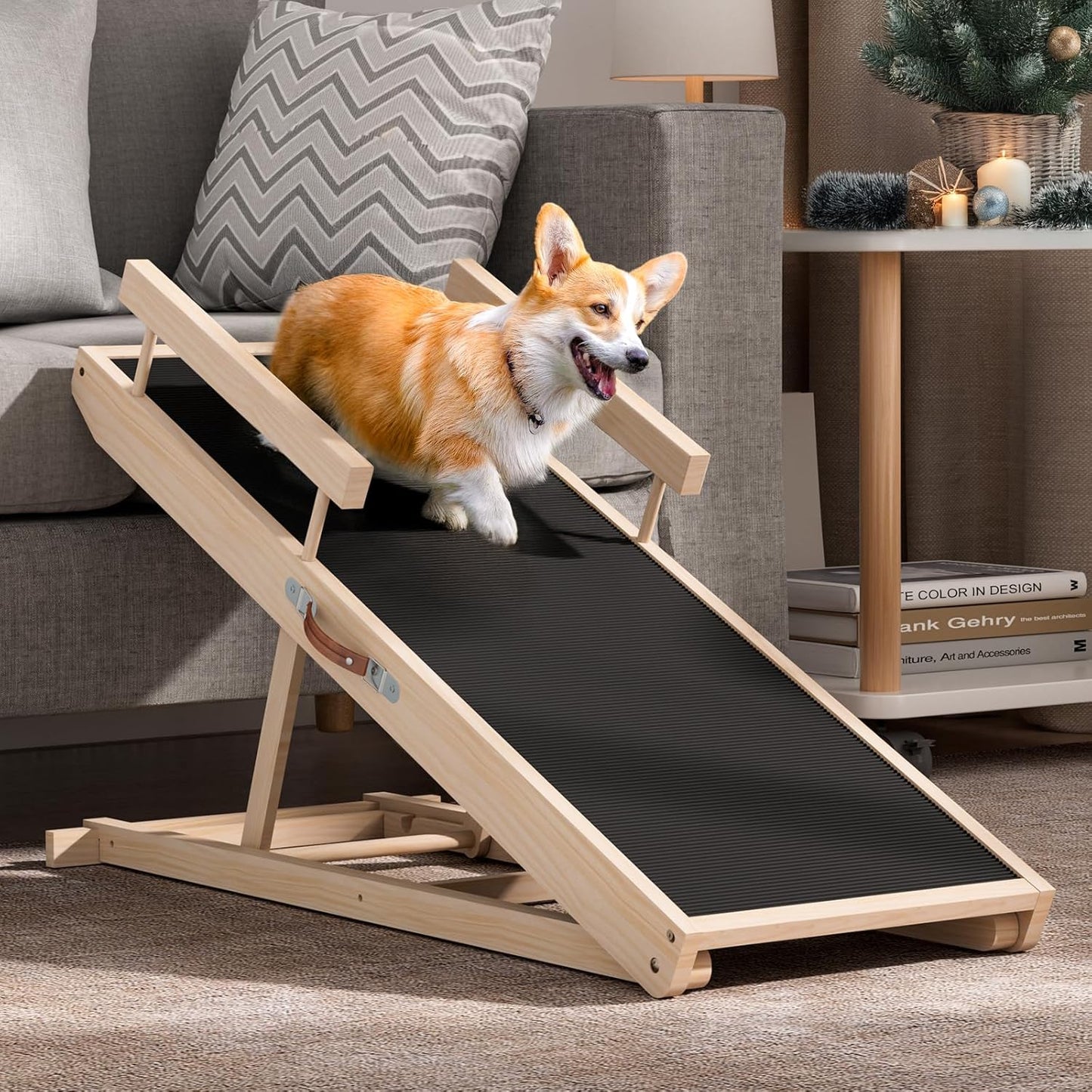 Dog Ramp for High Bed, Couch, Car, Pet Ramps 55.12" Long Adjustable 19.3"-27.17" Wooden Dog Step with Anti-slip Rubber Mat & Safety Side Rails for Small Medium Large Older Pets, up to 250 lbs