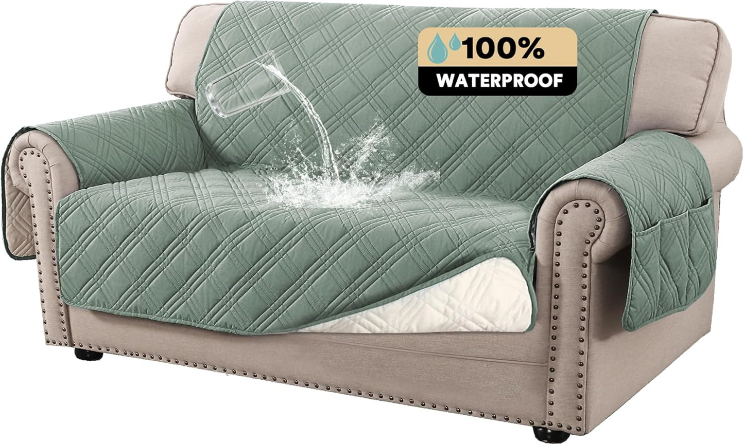PrinceDeco 100% Waterproof Couch Cover for 3 Cushion Couch Sofa Pet Friendly Non-Slip Couch Cover for Dogs Washable Water Resistant Furniture Protector with Elastic Straps(Sofa 68", French Oak)