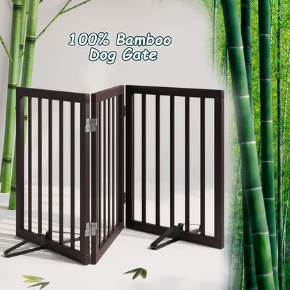 Freestanding Dog Gates Indoor, 3-Panel Pet Gates with 2 Metal Stands and 360° Hinge, 24" H Foldable Dog Gate for Stairs, Doorway, Kitchen, Expands Up to 55" Fully Assembled - Black Walnut