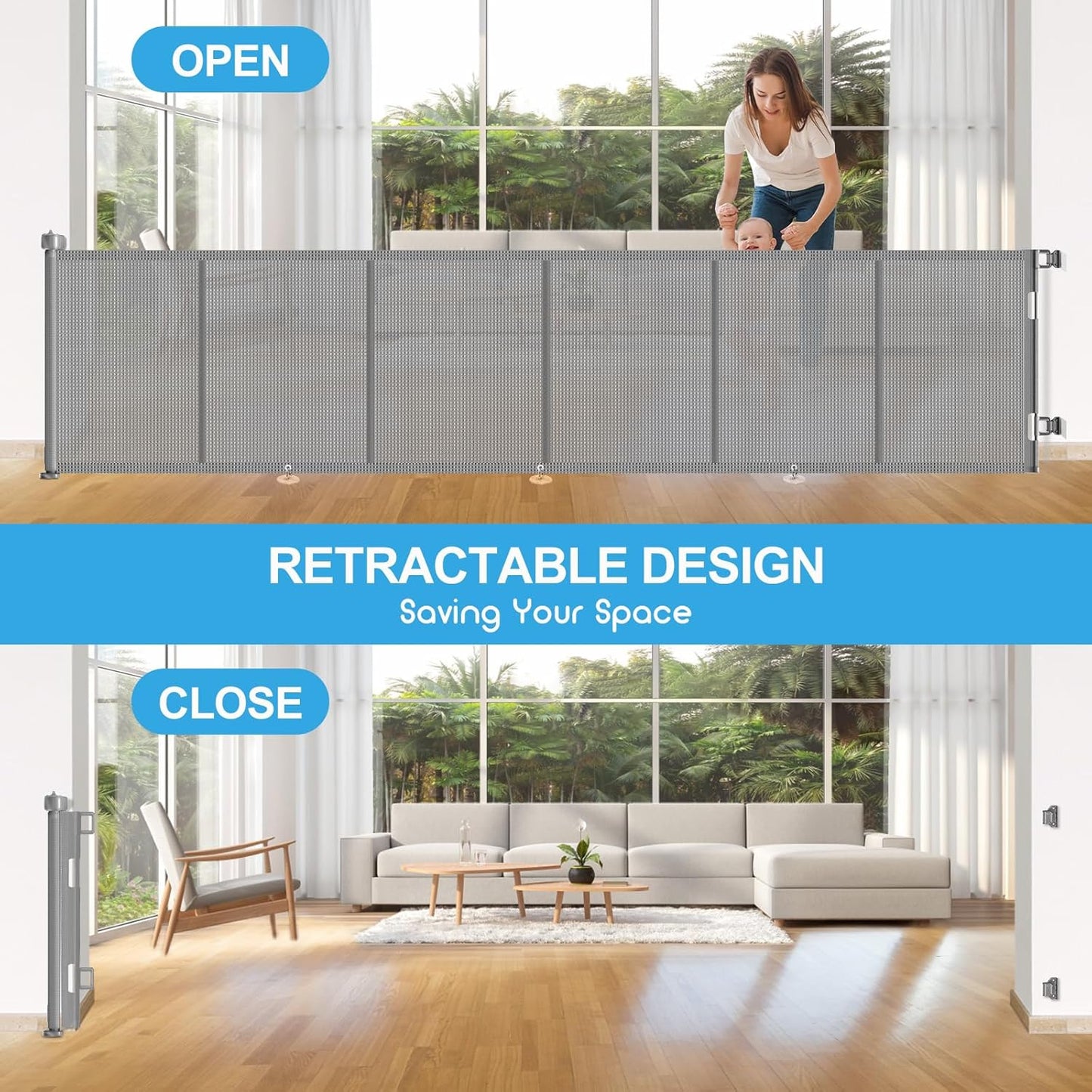 Upgrade 120 inch Retractable Baby Gates, EZIGO Extra Wide Baby Gate for Large Opening Extra Long Mesh Gate for Kids or Pet Dog Gate Child Safety Gate for Stairs Hallways Doorway Indoor Outdoor, Gray