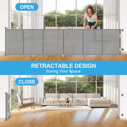 Upgrade 120 inch Retractable Baby Gates, EZIGO Extra Wide Baby Gate for Large Opening Extra Long Mesh Gate for Kids or Pet Dog Gate Child Safety Gate for Stairs Hallways Doorway Indoor Outdoor, Gray