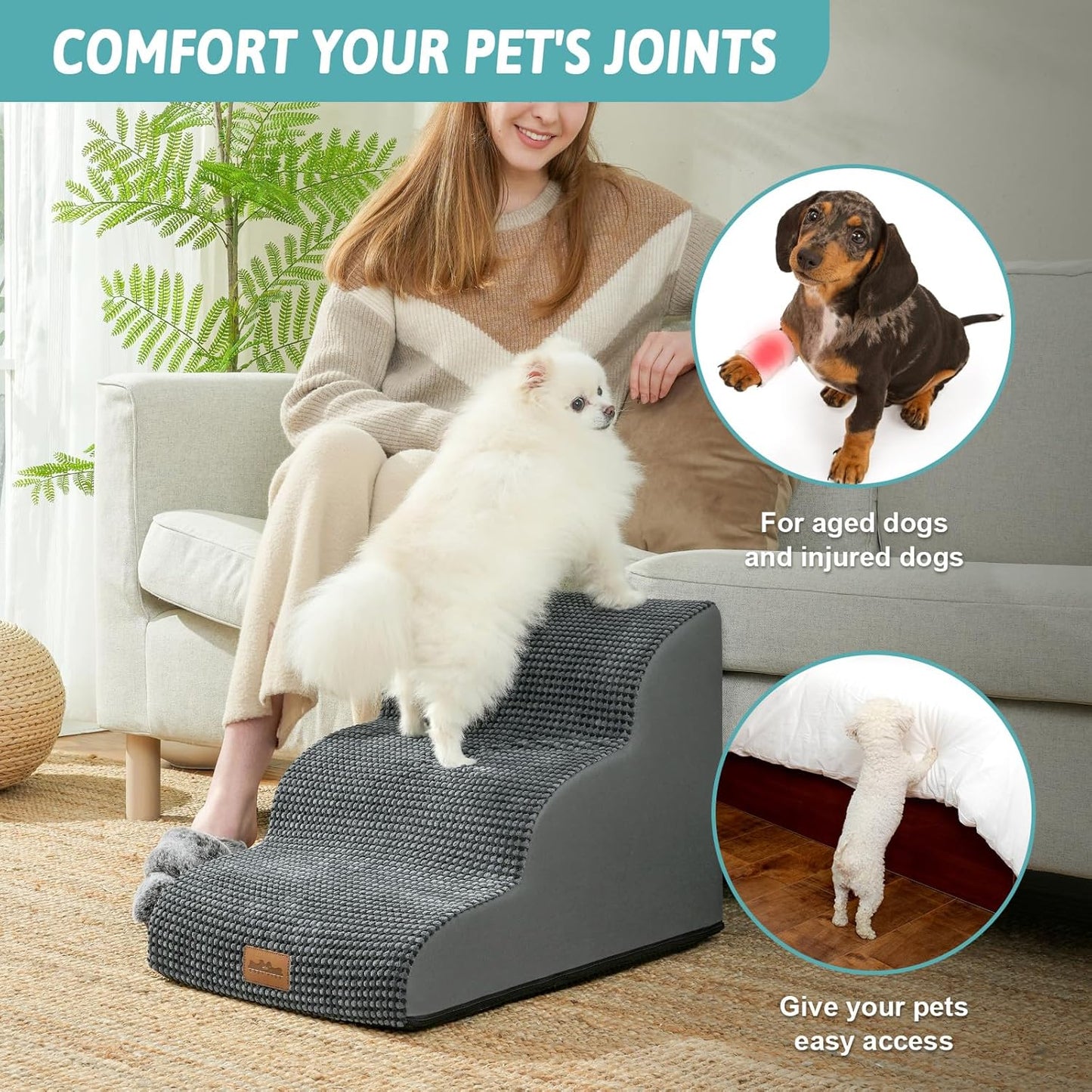 COZY KISS Dog Stairs for Small Dogs 15.7" H, Curved Dog Step for Puppy, Older Cat, Medium Pet Ramp for Sofa, Couch or Chair, Ladder with High Density Foam, 3 Step, 15.7x22.4x15.7 inch, Beige
