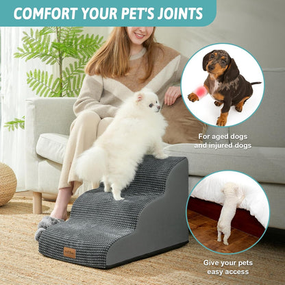 COZY KISS Dog Stairs for Small Dogs 15.7" H, Curved Dog Step for Puppy, Older Cat, Medium Pet Ramp for Sofa, Couch or Chair, Ladder with High Density Foam, 3 Step, 15.7x22.4x15.7 inch, Beige