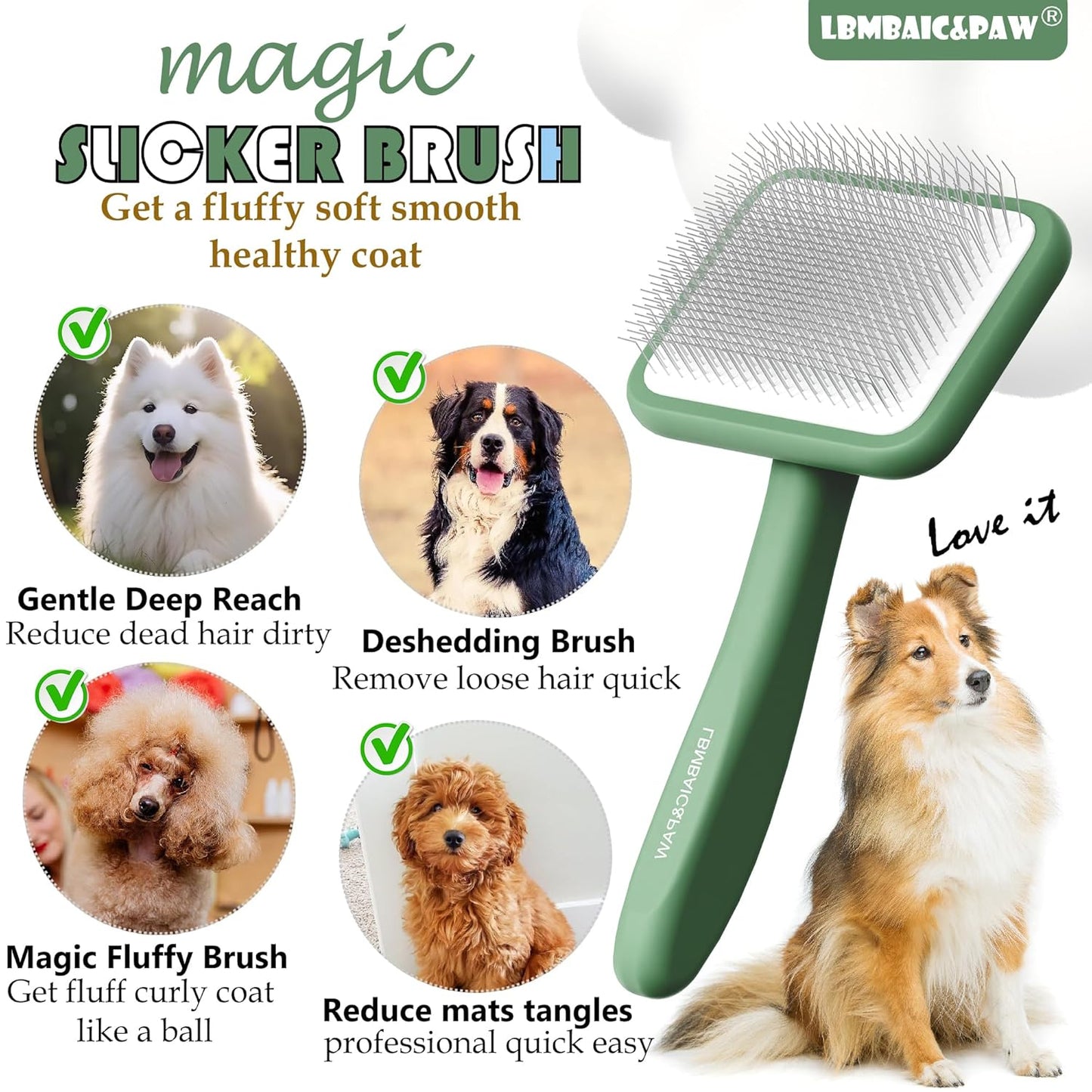 Dog Slicker Brushes for Poodles,Doodles,Goldendoodles,Bernedoodle.Dog Brushes for Thick Long Curly Fur Deshedding,Fluff,Grooming.Remove Loose Fur Quick Easy.Long Pin Slicker Brush.Wooden(Large)