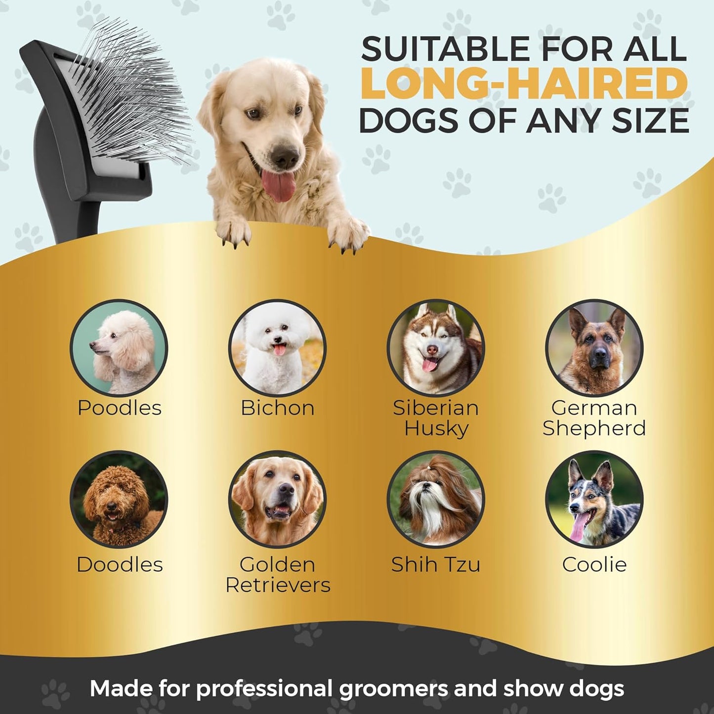 PawsltlveShine Dog Slicker Brush - Easy Grooming Brush for Poodles, Goldendoodles, Golden Retrievers - Dog Brush for long haired dogs - Effortless Grooming, Dematting, Deshedding - Black, Large