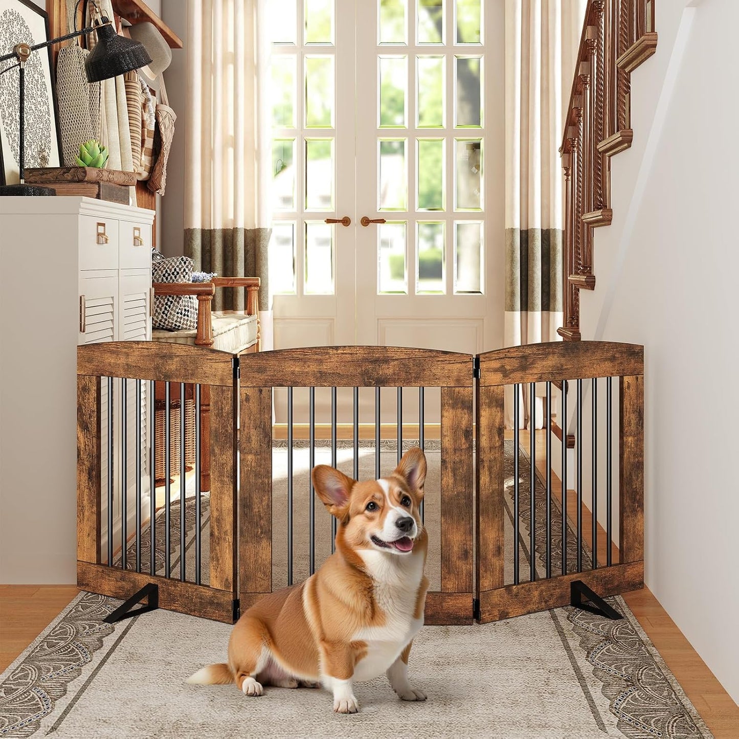 HOOBRO Indoor Dog Gate with Support Feet, Freestanding Pet Gate for Doorway, Stairs, 31.5 Inch 3 Panels, Folding Dog Fence, 360° Hinge for Easy Access, Sturdy Iron Pipe, Rustic Brown BF06PP03