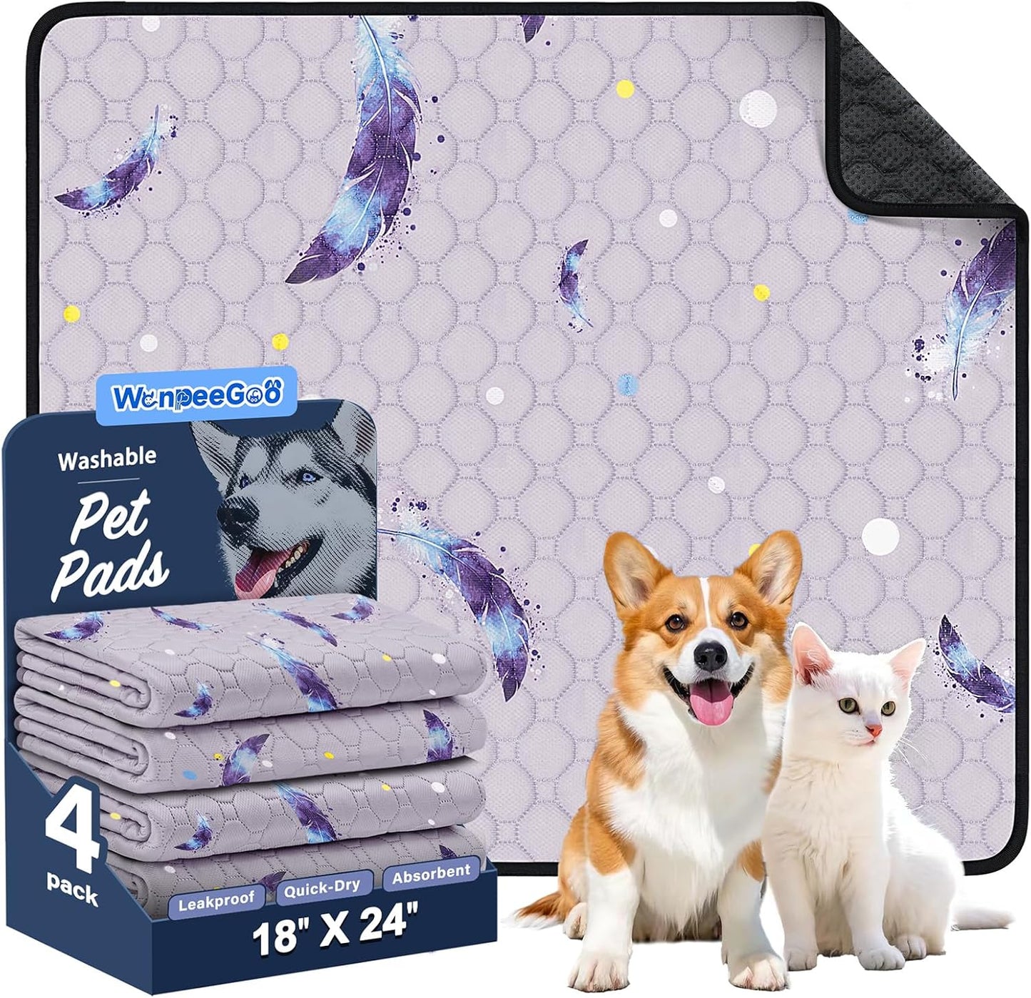 WanpeeGoo Washable Pee Pads for Dogs, 2Pack Reusable Puppy Pads, Super Absorbent & Leakproof Dog Pads, Anti-Slip Dog Pee Pads for Puppy Training & Incontinence, Feather Pattern 36"x41"