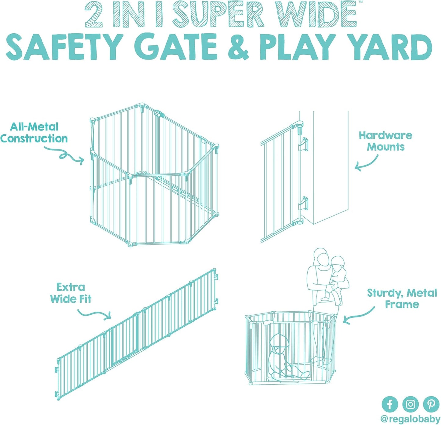 Regalo Safety 28"-76” Super Wide Configurable Baby Gate for Doorways & Open Spaces, 3-Panel Wall Mounted Safety Gate with Door for Babies, Toddlers & Pets, Includes Wall Mount Hardware