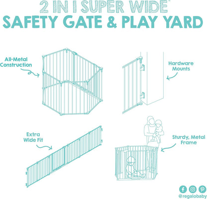 Regalo Safety 28"-76” Super Wide Configurable Baby Gate for Doorways & Open Spaces, 3-Panel Wall Mounted Safety Gate with Door for Babies, Toddlers & Pets, Includes Wall Mount Hardware