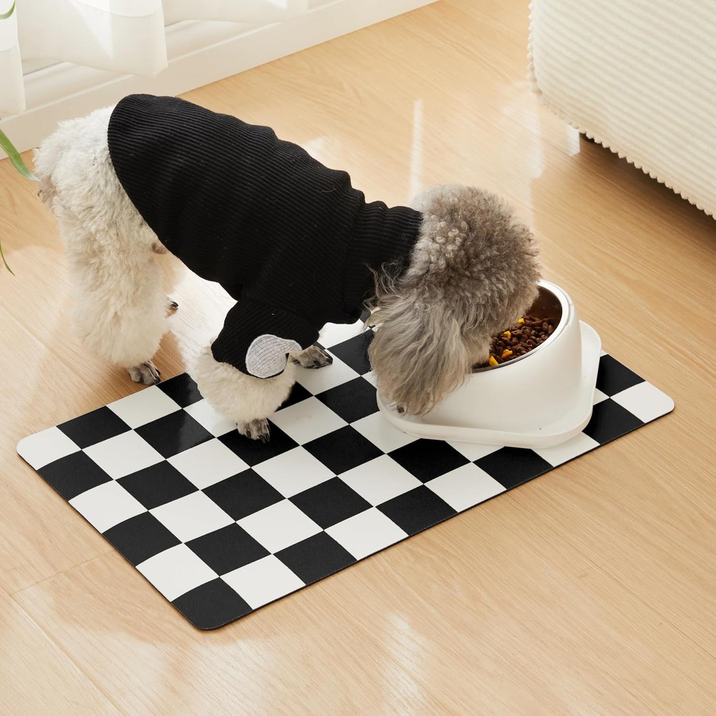 Checkered Dog Feeding Mat, Absorbent Mats for Dog Food and Water Bowl, Dispenser, Retro Aesthetic Khaki Beige Checkerboard Pet Placemat for Dogs, Cats, Puppy Accessories, 12" X 19”