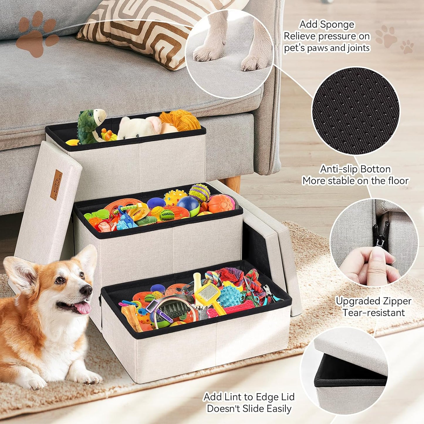 Zerbuger Wider Dog Ramp for High Bed with Storage 18" H, Foldable Dog Stairs for Small Medium Large Older Senior Animal, Sturdy Dog Step for Climbing Bed or Couch, Arthritis-Friendly (Gray, No Condo)