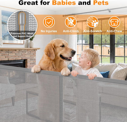 Reinforced 70” Wide Retractable Pet Gate Indoor Dog Gates Outdoor Retractable Baby Gate with Support Rod to Prevent Bottom Escape 33” Tall Child Safety Gates for Stairs Doorway Hallway Deck