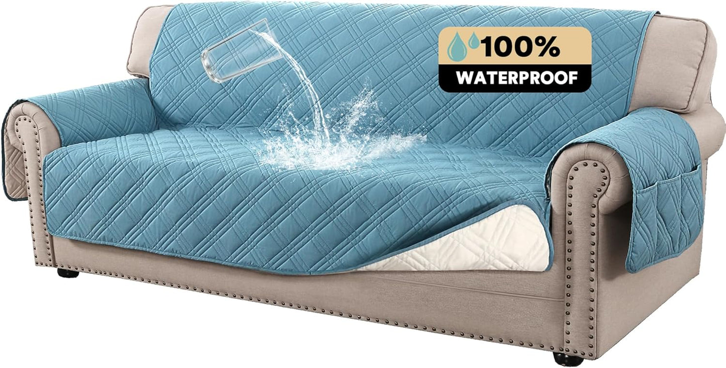 PrinceDeco 100% Waterproof Couch Cover for 3 Cushion Couch Sofa Pet Friendly Non-Slip Couch Cover for Dogs Washable Water Resistant Furniture Protector with Elastic Straps(Sofa 68", French Oak)