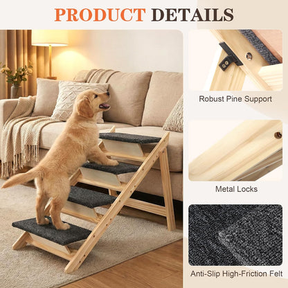 Dog Ramp, Durable Pet Stairs for High Beds, 2-in-1 Foldable Wooden Dog Steps for Couch and Car, Joint-Friendly Stairs for Senior Dogs, Non-Slip Carpeted Pet Steps with High-Weight Capacity