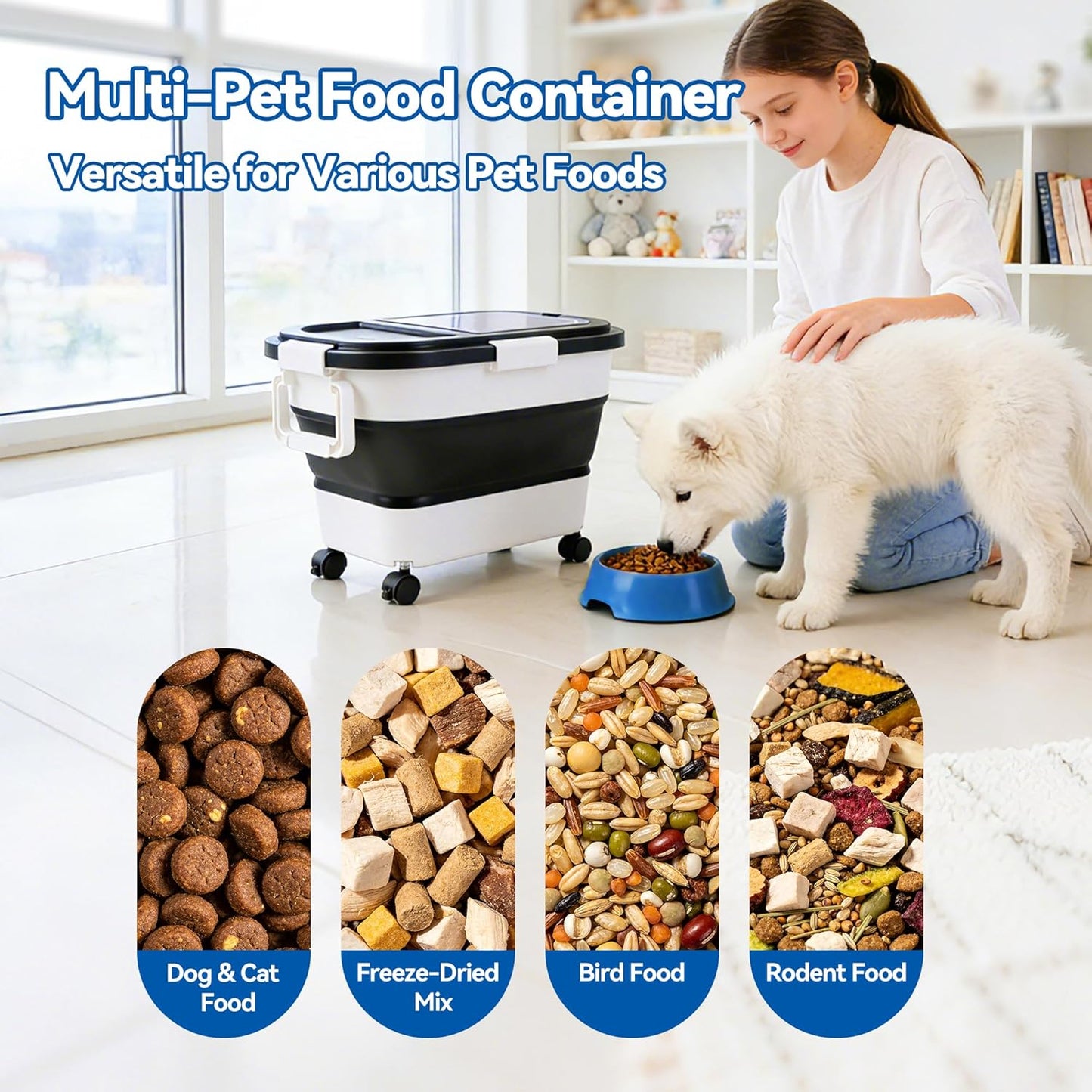 Dog Food Storage Container 30-40lbs, Airtight Pet Food Bin with Locking Lid & Clear Window, Collapsible Rolling Storage Container with Wheels & Scoop, Gray