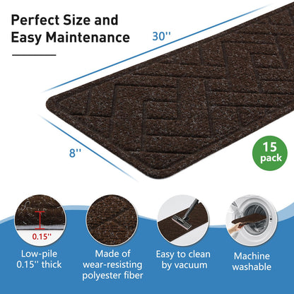 Non Slip Stair Treads for Wooden Steps,15 Pack 8" X 30" Stairs Carpet Treads Indoor with Reusable Peel and Stick Adhesive for Kids Elders and Pets