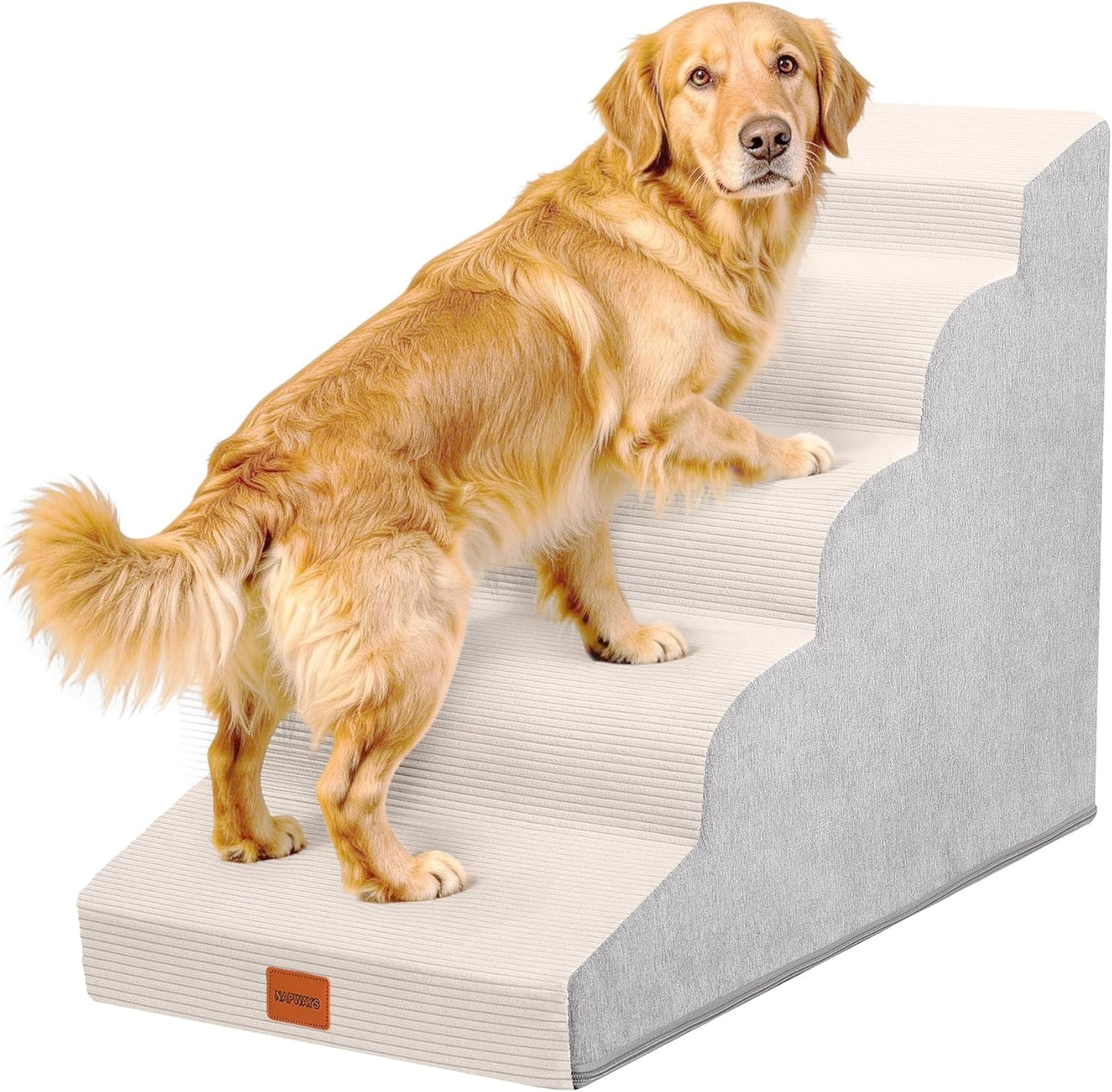 Dog Stairs for Small Dogs and Cats, 15.7" H, 3-Step Curved Pet Ramp for Couch Sofa and Chair, Non-Slip Medium Pet Steps with High Density Foam, Beige
