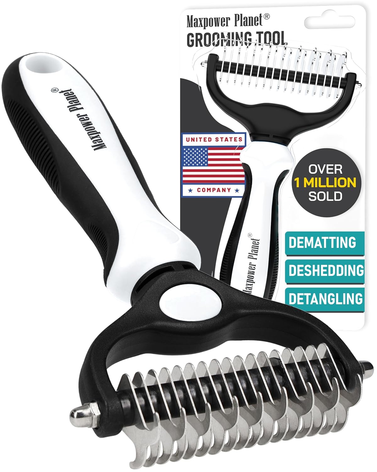 Maxpower Planet Dog Rake and Dog Hair Brush - Gently Removes Loose Undercoat, Mats and Tangled - Deshedding Grooming Tool for Dogs & Cats - Self Cleaning Slicker Brush - All Hair Types