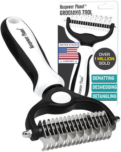 Maxpower Planet Dog Rake and Dog Hair Brush - Gently Removes Loose Undercoat, Mats and Tangled - Deshedding Grooming Tool for Dogs & Cats - Self Cleaning Slicker Brush - All Hair Types