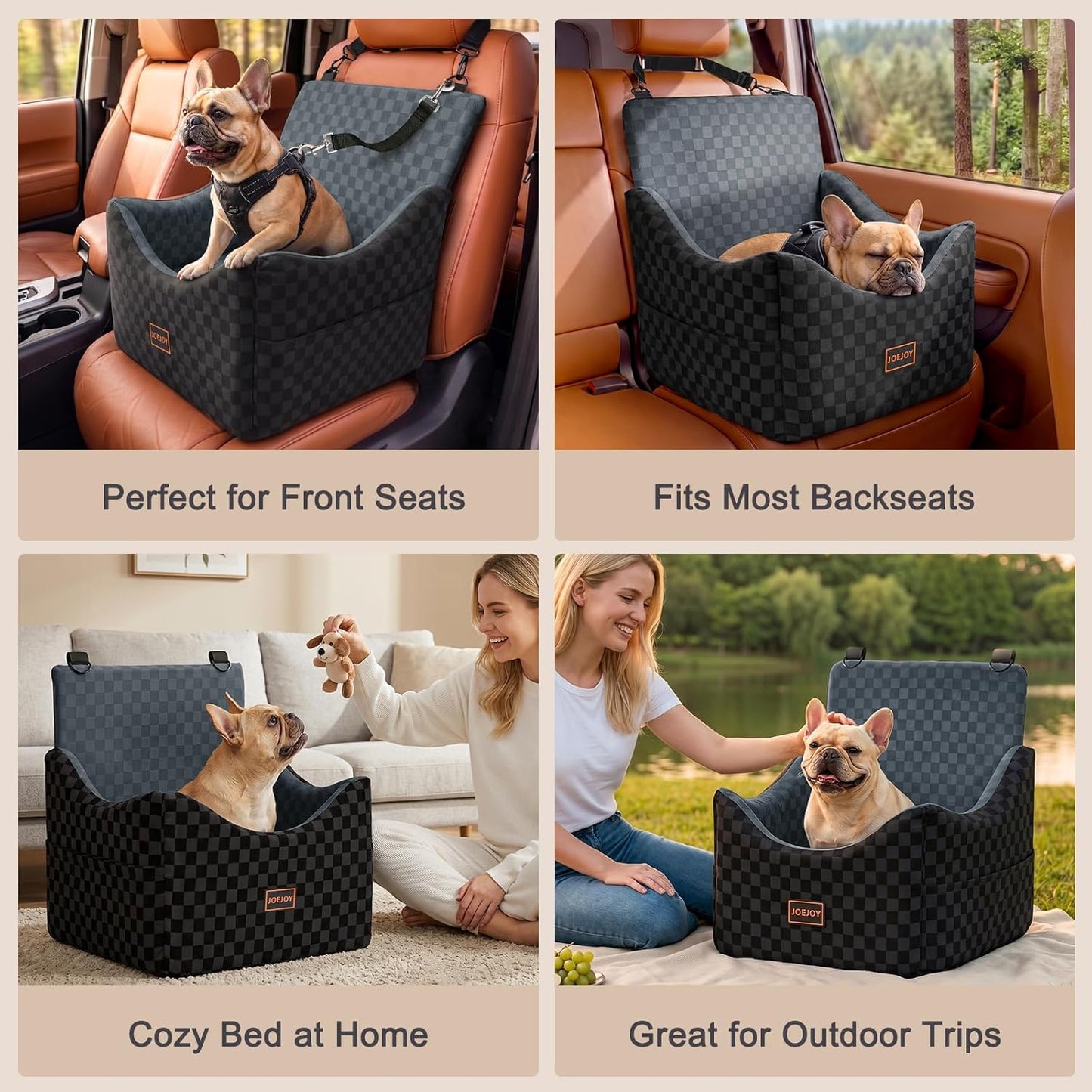 JOEJOY Elevated Dog Car Seat for Small/Medium Dogs up to 35 lbs, Memory Foam Booster Seat with Detachable Washable Cover, Travel-Safe Car Bed with Safety Belts & Storage Pockets, Grey