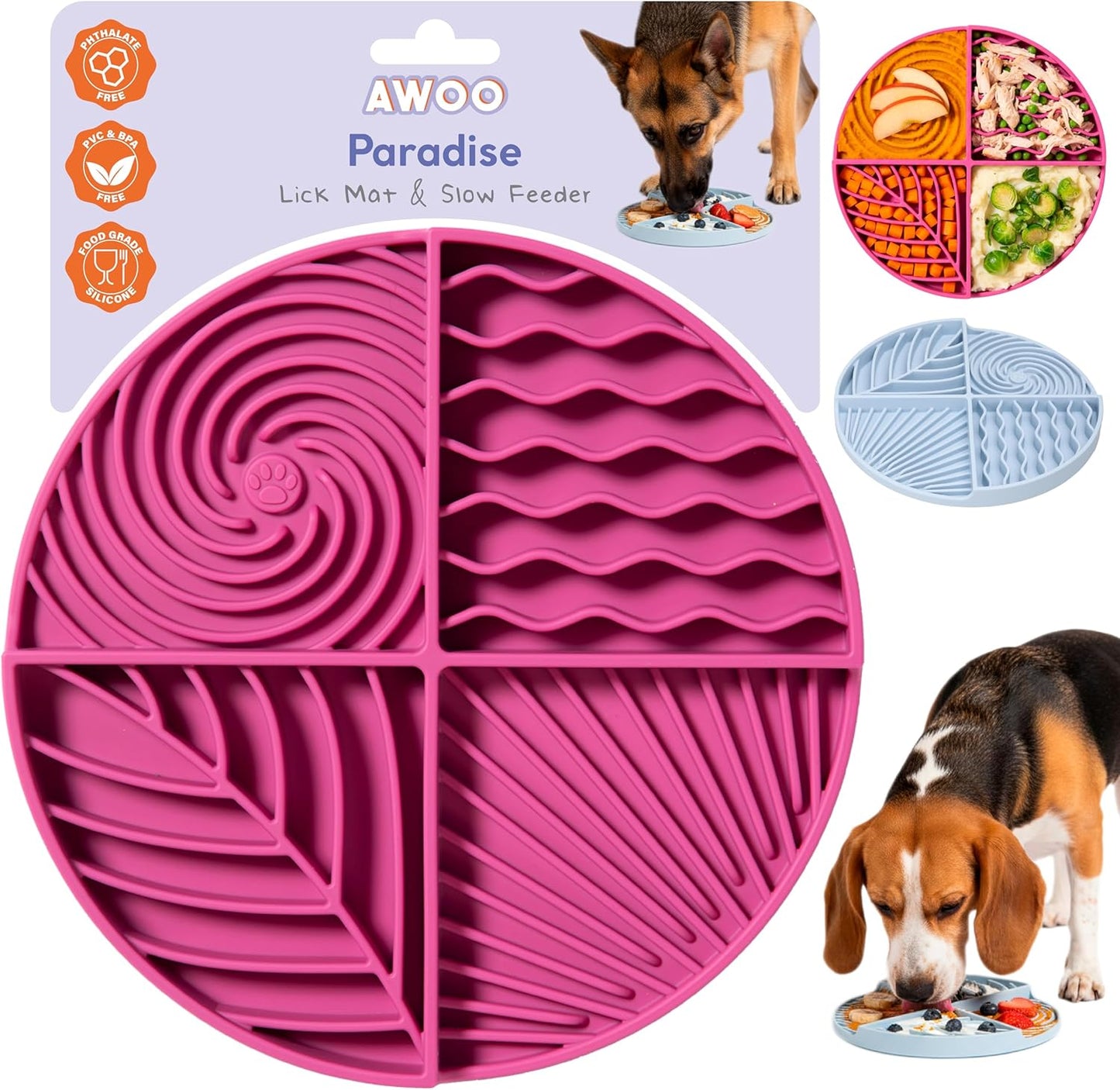 Awoo Paradise - Dog Lick Mat for Slow Feeding & Anxiety - Non-Slip Silicone Slow Feeder with Suction Cups - Dishwasher Safe Pet Dish for Grooming, Training, and Boredom Relief (Fuschia)