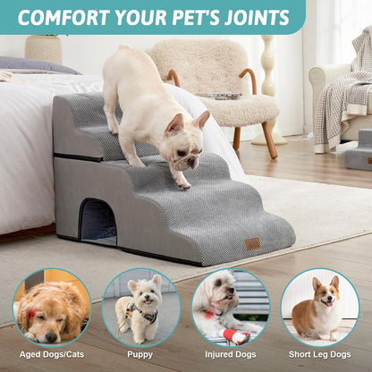 COZY KISS Extra Wide Dog Stairs with Tunnel, Foam Detachable Large Dog Step for Small Pet, Puppy or Cats, Medium Pet Ramp for High Bed, Couch, Sofa or Car, 19.7x33x22.4 inch, 5 Step, Beige