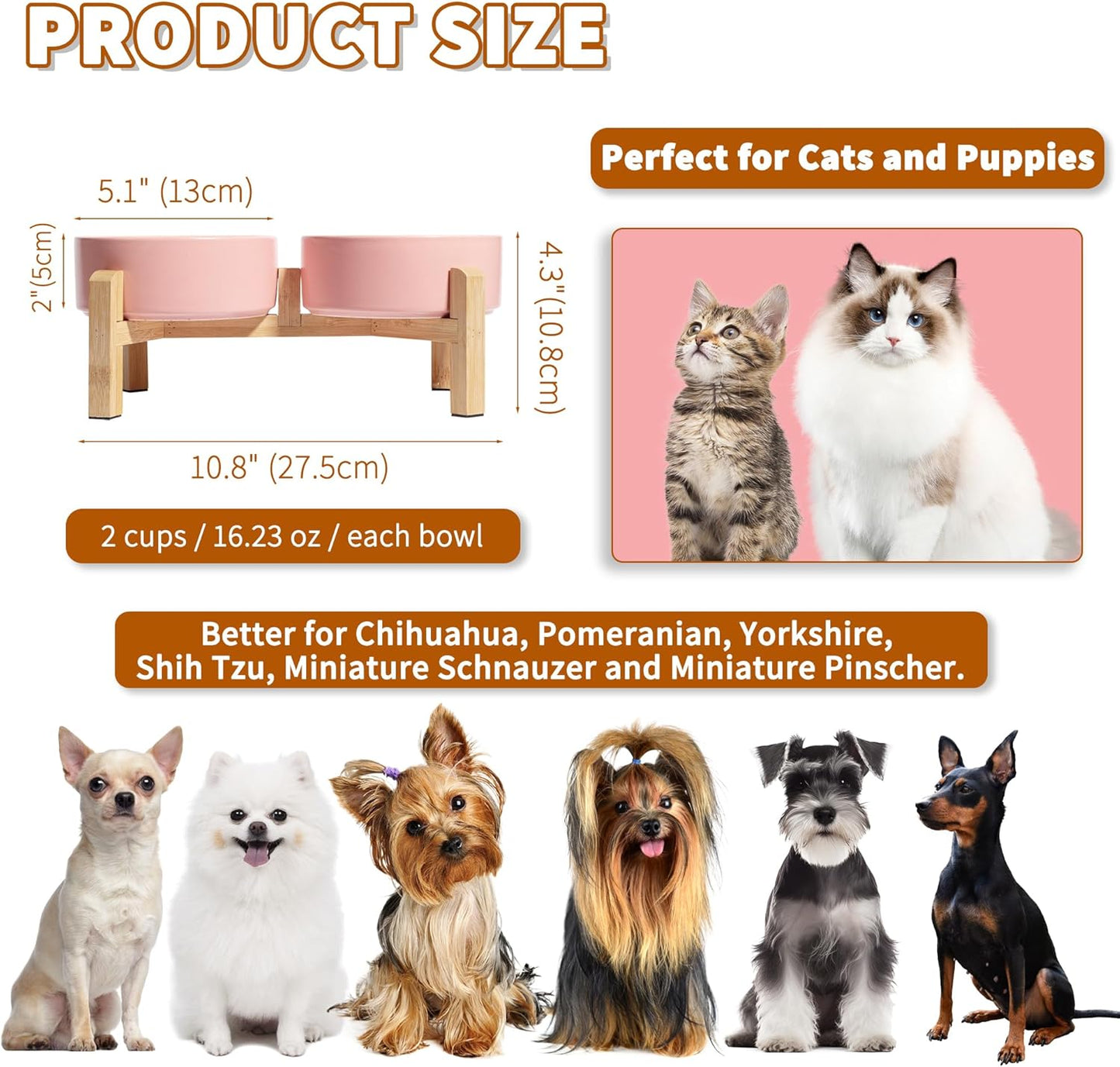 Elevated Ceramic Dog Bowl Set - Raised Dog Bowls with Non-Slip Bamboo Stand - Dog Food and Water Bowl Set - Double Dog Feeding Bowls - Suitable for Small and Medium Dogs - 28.74 OZ - 3.6 CUPS - 850 ML