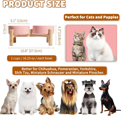 Elevated Ceramic Dog Bowl Set - Raised Dog Bowls with Non-Slip Bamboo Stand - Dog Food and Water Bowl Set - Double Dog Feeding Bowls - Suitable for Small and Medium Dogs - 28.74 OZ - 3.6 CUPS - 850 ML