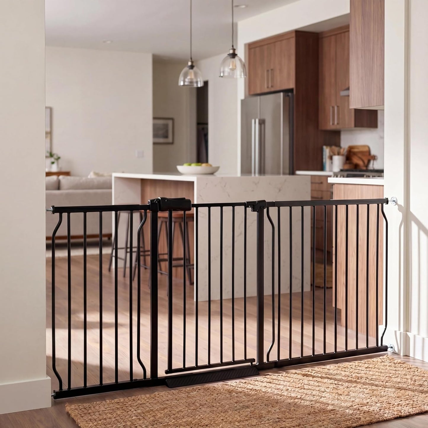 Extra Wide Baby Gate 85.8-90.5" Dog Gate Indoor Pressure Mounted No Drill Safety Gate for Large Entries, Kitchen,Stairs & Doorways, Black Metal Indoor Pet Gate for Kids & Dogs