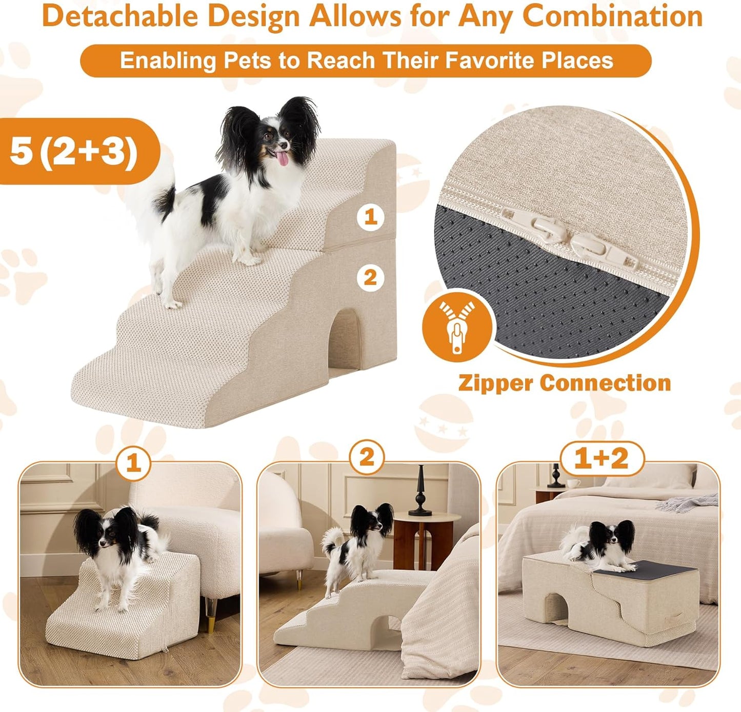 Dog Stairs for Bed 23’’ H, 5-Step Dog Steps for High Bed, Foldable Pet Stairs for Small Dogs and Cats to Get on Beds, Couch, Non-Slip Balanced Pet Steps and Ramp with Waterproof Cover, Grey