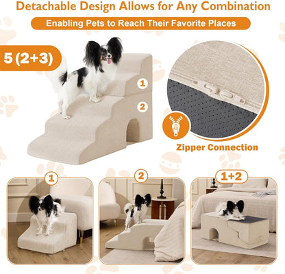 Dog Stairs for Bed 23’’ H, 5-Step Dog Steps for High Bed, Foldable Pet Stairs for Small Dogs and Cats to Get on Beds, Couch, Non-Slip Balanced Pet Steps and Ramp with Waterproof Cover, Grey