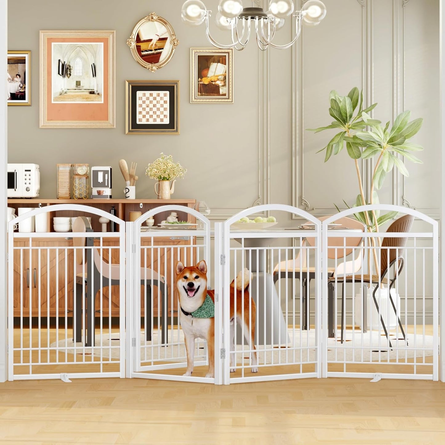 Folding No-Assembly Metal Freestanding Dog Gate with Door Walk Through,32" Height Pet Fence,144" Extra Wide Accordion Puppy Folding Playpen for Doorways,House,Stairs (6 Panels,White)