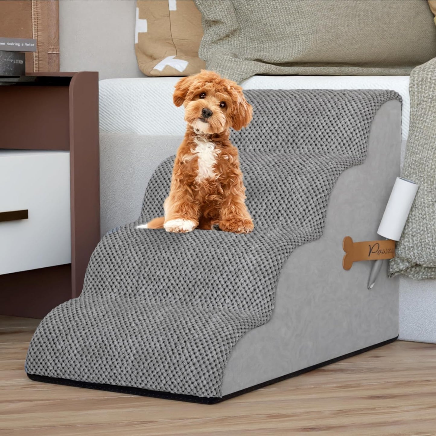 PAWZY Dog Stairs for Medium-Height Beds & Couches, 3-Step Foam Pet Steps 15.5” High for Small Dogs & Cats up to 60 lbs, Wide Non-Slip, Waterproof Washable Zipper Cover, No Assembly, Grey