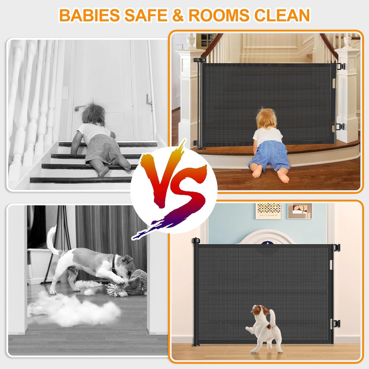 Upgrade 120 inch Retractable Baby Gates, EZIGO Extra Wide Baby Gate for Large Opening Extra Long Mesh Gate for Kids or Pet Dog Gate Child Safety Gate for Stairs Hallways Doorway Indoor Outdoor, Gray