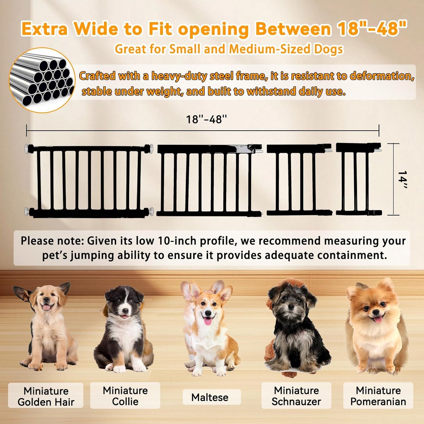 SHYUJAJIE Dog Gate for Small Dogs,Adjustable 18-48" Extra Wide Short Dog Gate for doorways,Low Pet Gate to Step Over for Stairs(White, 10" Height)