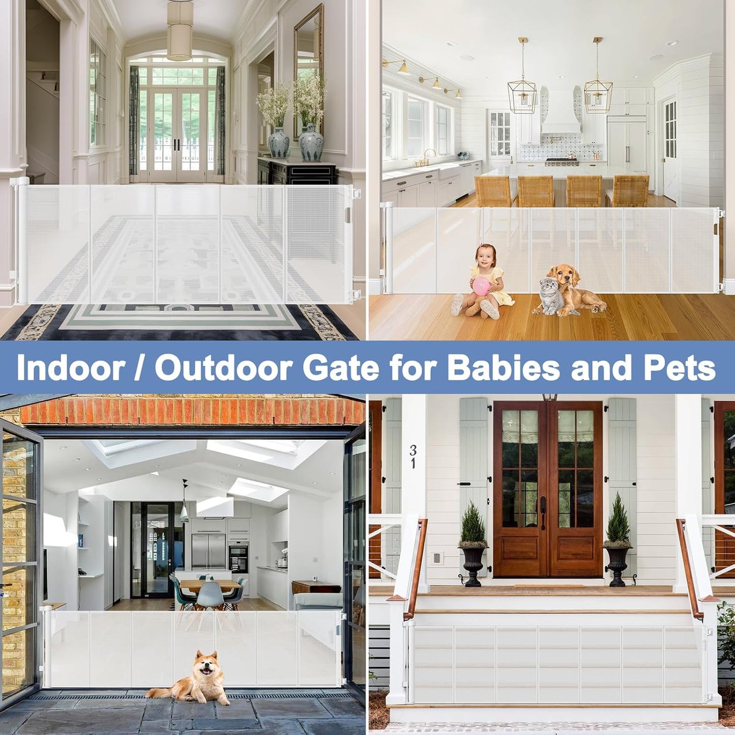 Reinforced 90 Inch Retractable Baby Gates Extra Wide Baby Gate with Reinforced Strips, 7.5ft Long Retractable Dog Gate for The House 33 Inch Tall Extra Long Pet Gates for Wide Openings, Black