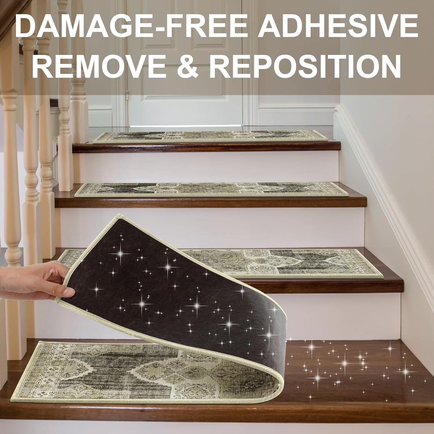 Non Slip Stair Treads for Wooden Steps Indoor, Dark Grey, 15pcs, 30"X8", Soft Carpet Mat, Machine Washable Boho Carpet Treads with Reusable Adhesive Backing, Safety Stair Tread for Dogs, Kids, Elders